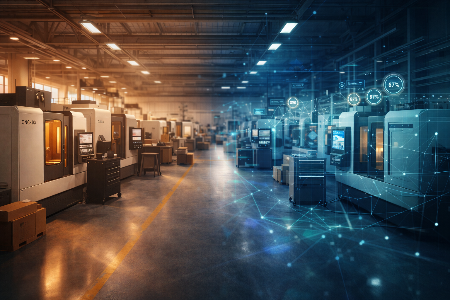 Factory floor with digital twin overlay